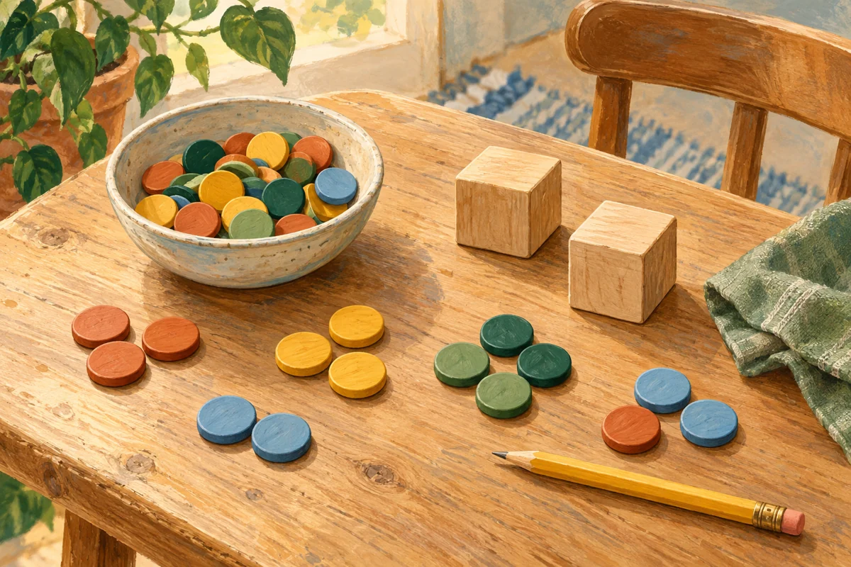 Illustration of colorful counters and learning materials on a wooden table