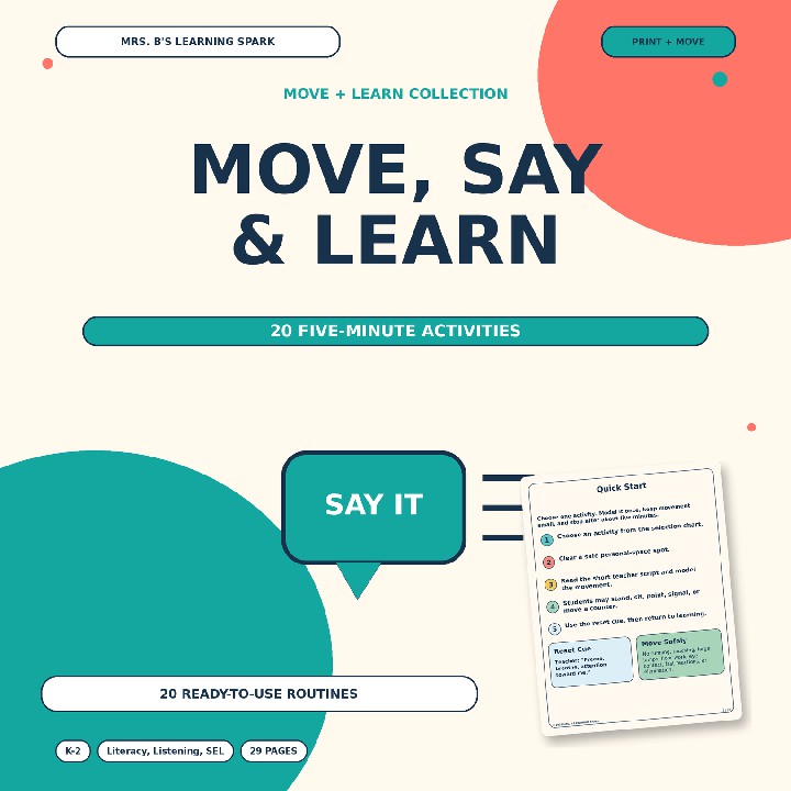 Cover preview for 5-Minute Movement Activities K-2 | Literacy, Listening & SEL | Move, Say & Learn