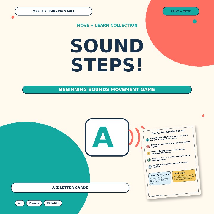 Cover preview for Beginning Sounds Phonics Game | Letter Sound Movement Activity K-1 | Sound Steps