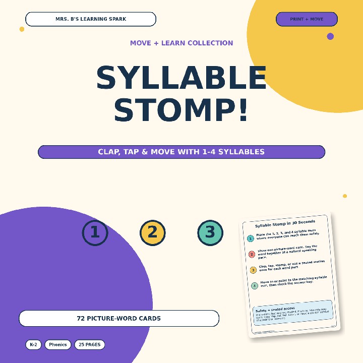 Cover preview for Syllable Counting Game | 1-4 Syllable Words | Movement Activity K-2