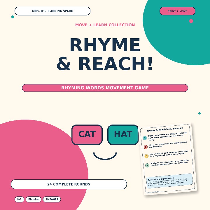 Cover preview for Rhyming Words Game | Phonological Awareness Activity K-2 | Rhyme & Reach