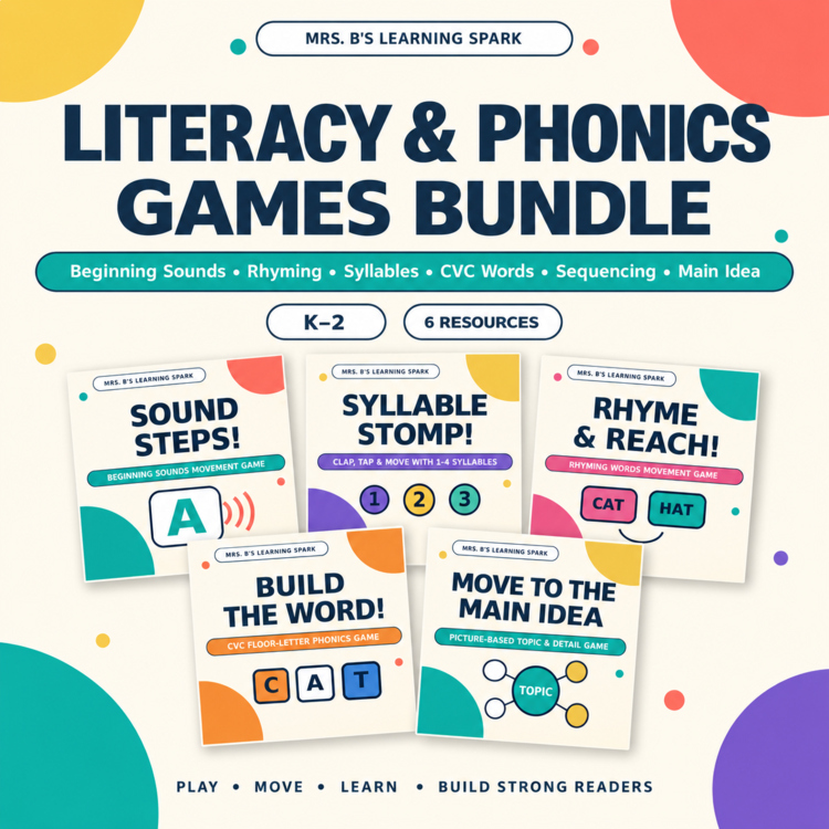 Cover preview for K-2 Literacy & Phonics Games Bundle | CVC, Rhyming, Syllables, Sequencing