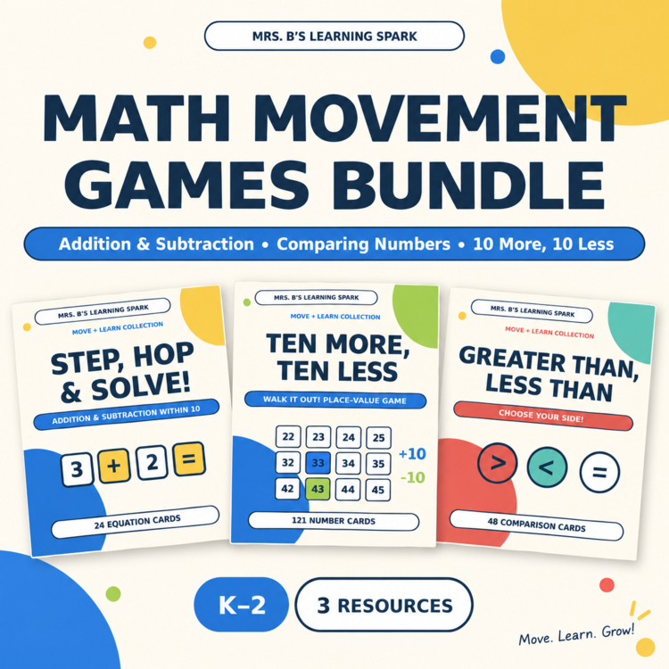 Cover preview for K-2 Math Movement Games Bundle | Addition, Comparing Numbers, 10 More 10 Less
