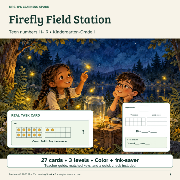 Cover preview for Teen Numbers 11-19 Math Center | Ten Frames & Place Value K-1 | Firefly Station