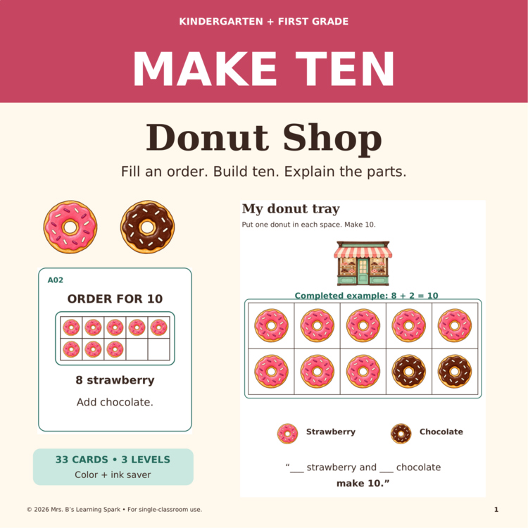 Cover preview for Making Ten Math Center | Ten Frames & Missing Addends K-1 | Donut Shop