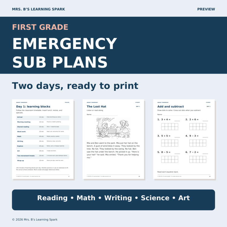 Cover preview for First Grade Emergency Sub Plans | 2 Days | Reading, Math, Writing & Science
