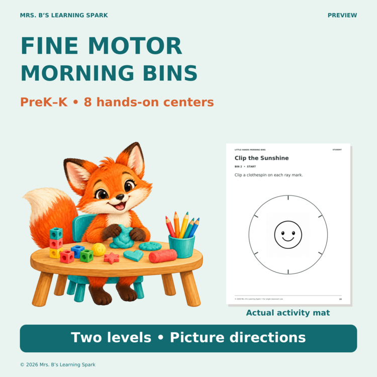 Cover preview for Fine Motor Morning Bins PreK-K | 8 Hands-On Centers with Picture Directions