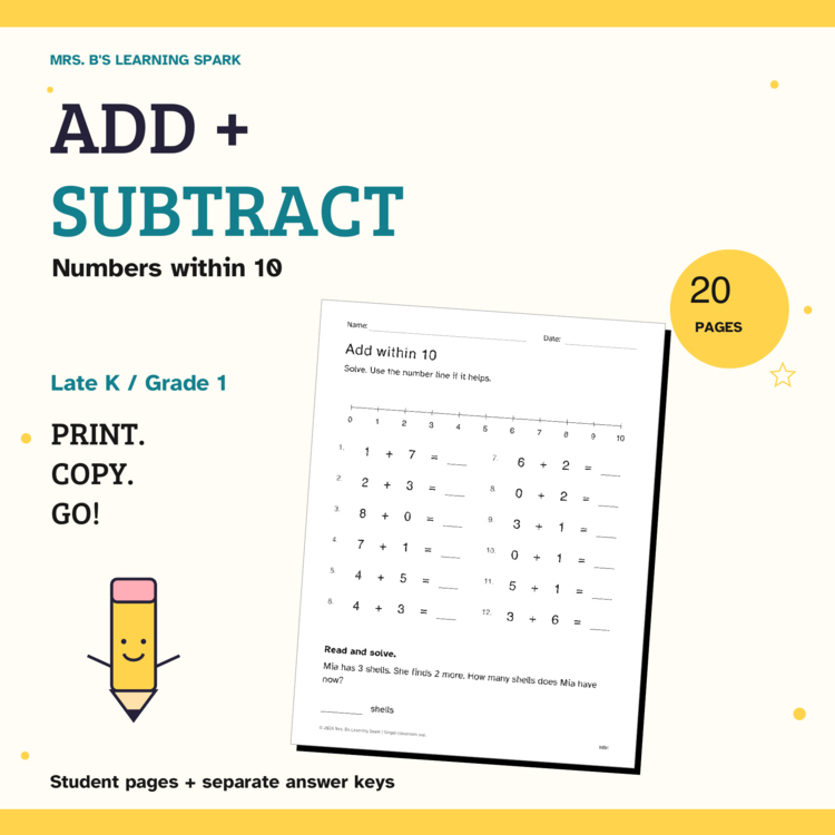 Cover preview for Addition & Subtraction Within 10 Worksheets | Missing Numbers | K-1 No Prep