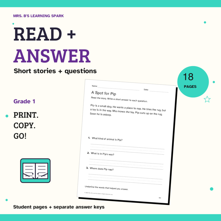 Cover preview for Short Reading Passages Grade 1 | 3 Comprehension Questions | Print and Go