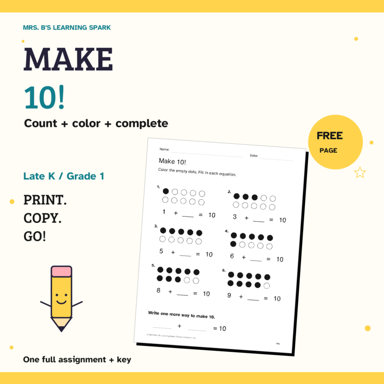 Cover preview for FREE Make 10 Worksheet | Dot Models & Missing Addends | Kindergarten Grade 1