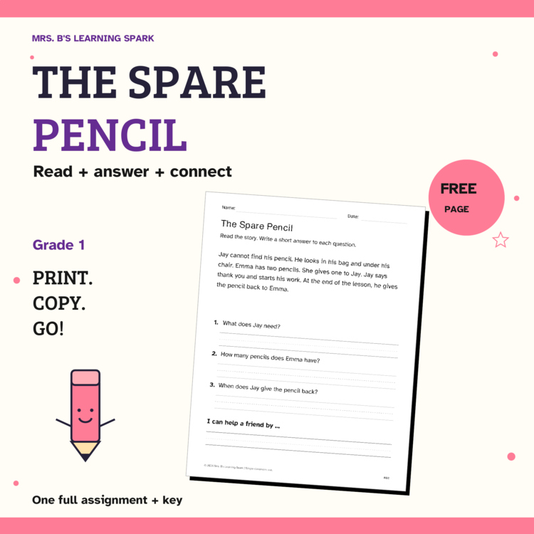 Cover preview for FREE Short Reading Comprehension Worksheet Grade 1 | The Spare Pencil