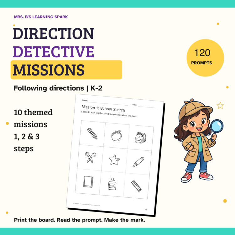 Cover preview for Following Directions Worksheets K-2 | 1, 2 & 3 Steps | Direction Detective