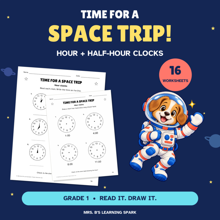 Cover preview for Telling Time Worksheets Grade 1 | Hour & Half Hour | Space Clock Practice