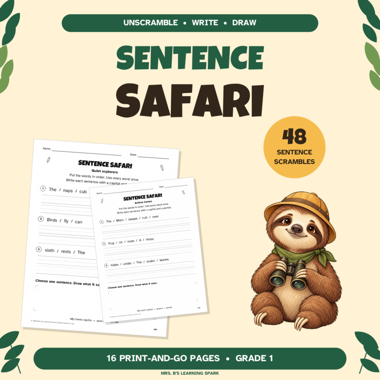 Cover preview for Sentence Unscramble Worksheets Grade 1 | Build Write & Draw | Sentence Safari