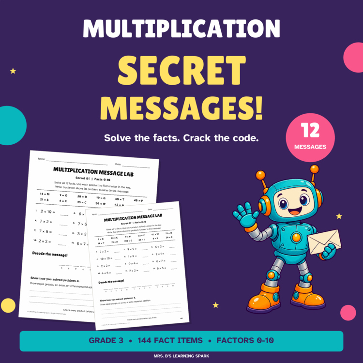 Cover preview for Multiplication Secret Code Worksheets Grade 3 | Facts 0-10 | Message Lab