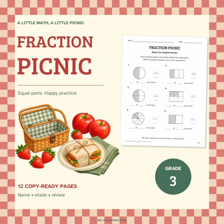 Cover preview for Fractions Worksheets Grade 3 | Equal Parts & Shaded Shapes | Fraction Picnic