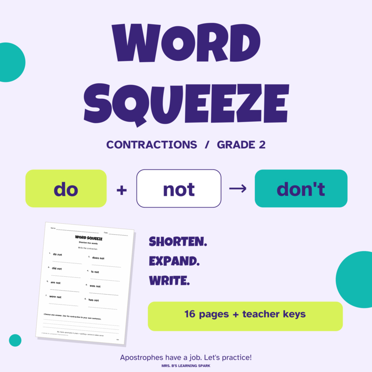 Cover preview for Contractions Worksheets Grade 2 | Shorten Expand & Write | Word Squeeze