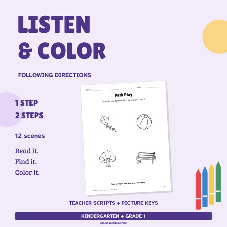 Cover preview for Following Directions Coloring Worksheets K-1 | Listen & Color | 1 & 2 Steps
