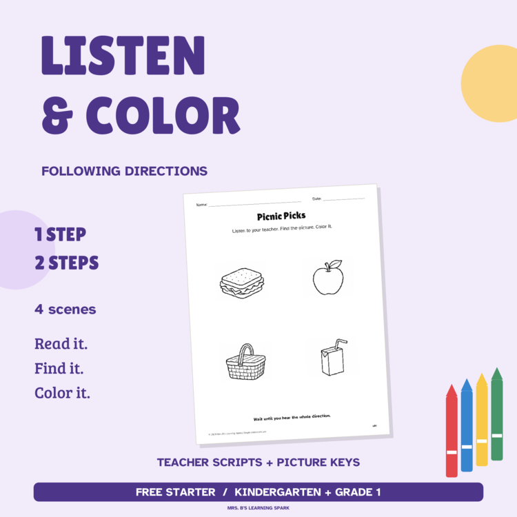 Cover preview for FREE Following Directions Coloring Worksheets K-1 | 4 Listen & Color Activities