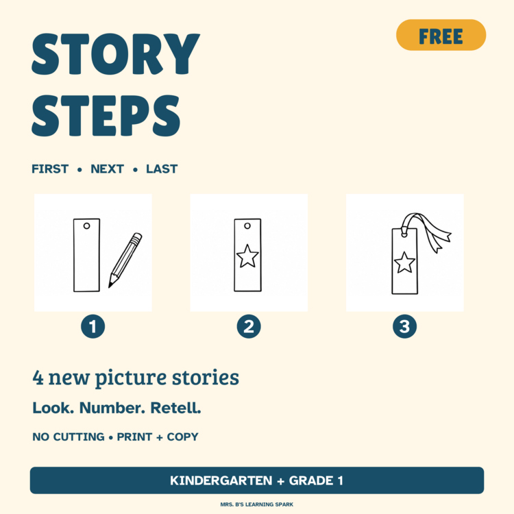 Cover preview for FREE Picture Sequencing Worksheets K-1 | 4 New Stories | First Next Last