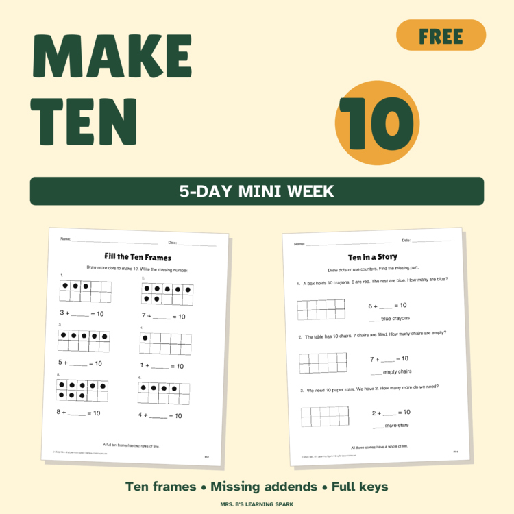 Cover preview for FREE Making 10 Worksheets K-1 | 5 Days of Ten Frames & Missing Addends