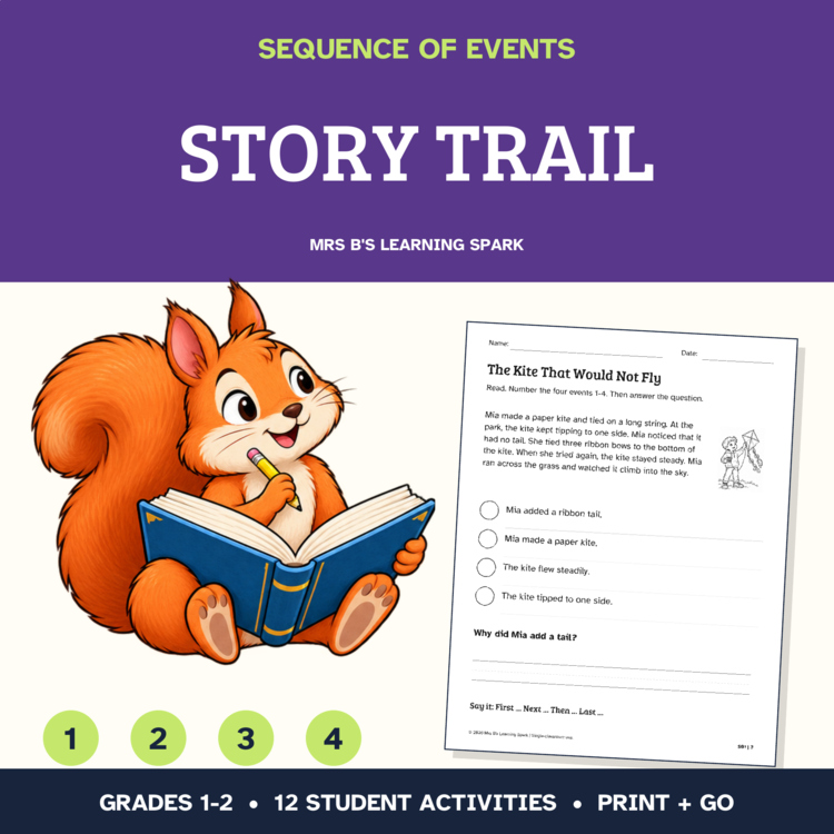 Cover preview for Sequence of Events Worksheets Grades 1-2 | 12 Four-Event Stories | Story Trail