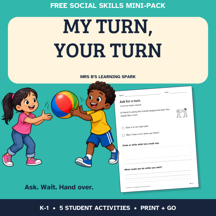 Cover preview for FREE Turn Taking Activities K-1 | Social Skills Worksheets & Role Play