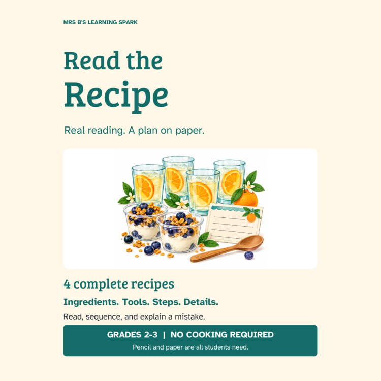 Cover preview for Recipe Reading Comprehension & Sequencing Grades 2-3 | No Cooking Required