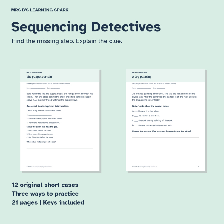 Cover preview for Sequencing Worksheets Grades 1-2 | Missing Steps & Fix the Order | Detectives