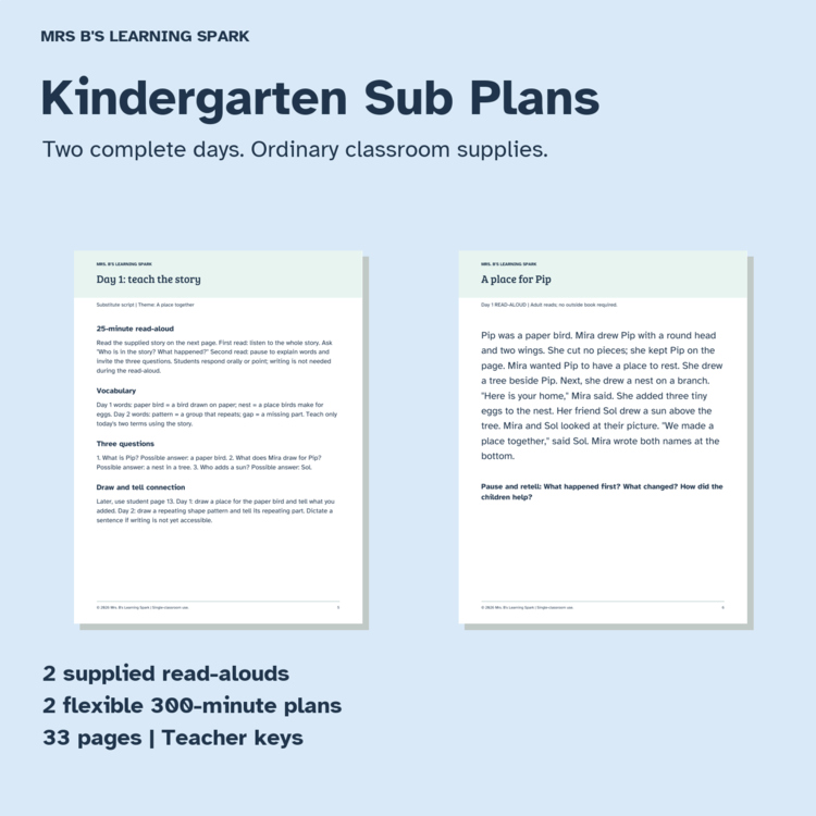Cover preview for Kindergarten Emergency Sub Plans | 2 Days Reading Math Writing & Science